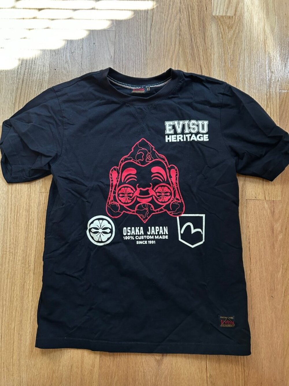 EVISU Heritage Black Graphic Tee — Red Ebisu Osaka Japan Print, Men's M